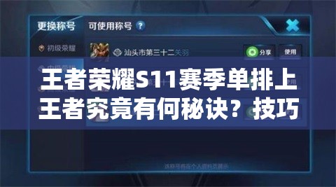 王者榮耀S11賽季單排上王者究竟有何秘訣？技巧心得大揭秘！