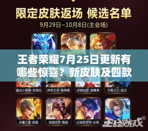 王者榮耀7月25日更新有哪些驚喜？新皮膚及四款限定頭像框返場揭秘！